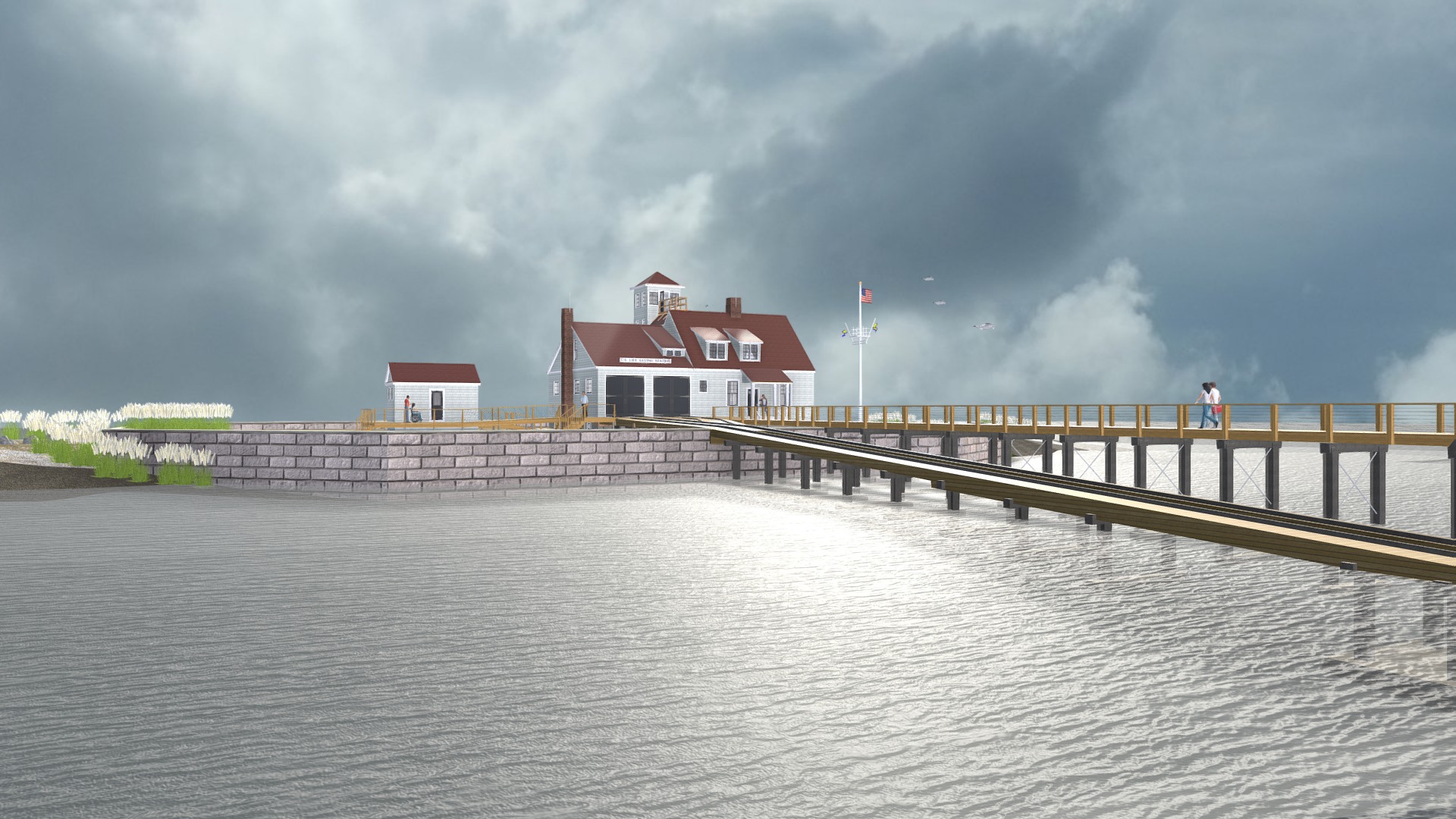 3D model U.S. Life Saving Station – Wood Island - This is a 3D model of the U.S. Life Saving Station - Wood Island. The 3D model is about a building on a dock over water.