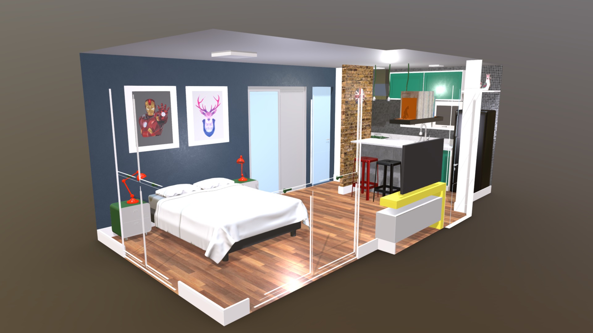 3D model Apartamento Loft - This is a 3D model of the Apartamento Loft. The 3D model is about a bedroom with a bed and desk.