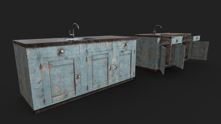 Old Painted Wood Kitchen Cabinets 3D Model