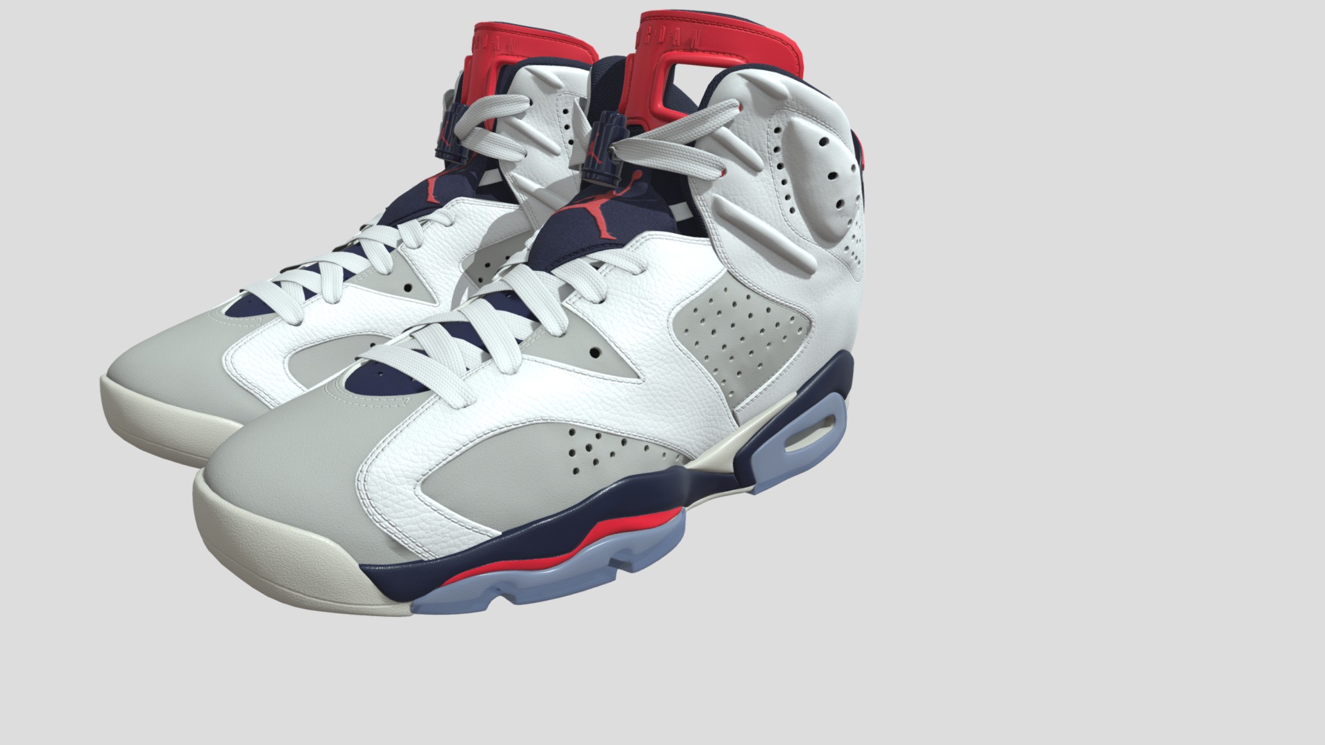 3D model Jordan 6 Retro Tinker - This is a 3D model of the Jordan 6 Retro Tinker. The 3D model is about a pair of white and blue sneakers.