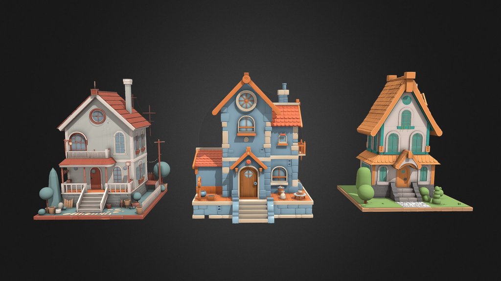 Cartoon two-story villa low polygon 3D model
