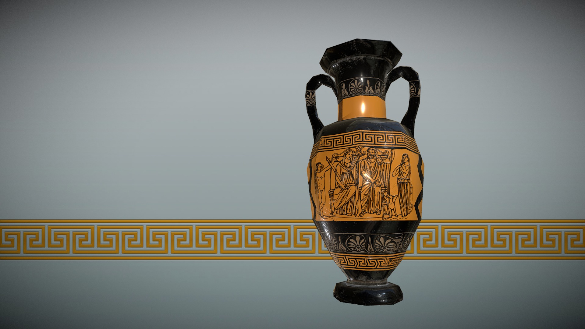 3D model Greek Pottery – Amphora - This is a 3D model of the Greek Pottery - Amphora. The 3D model is about a black and gold vase.