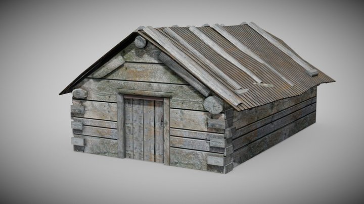 wooden cellar barn with rusty metallic roof 3D Model