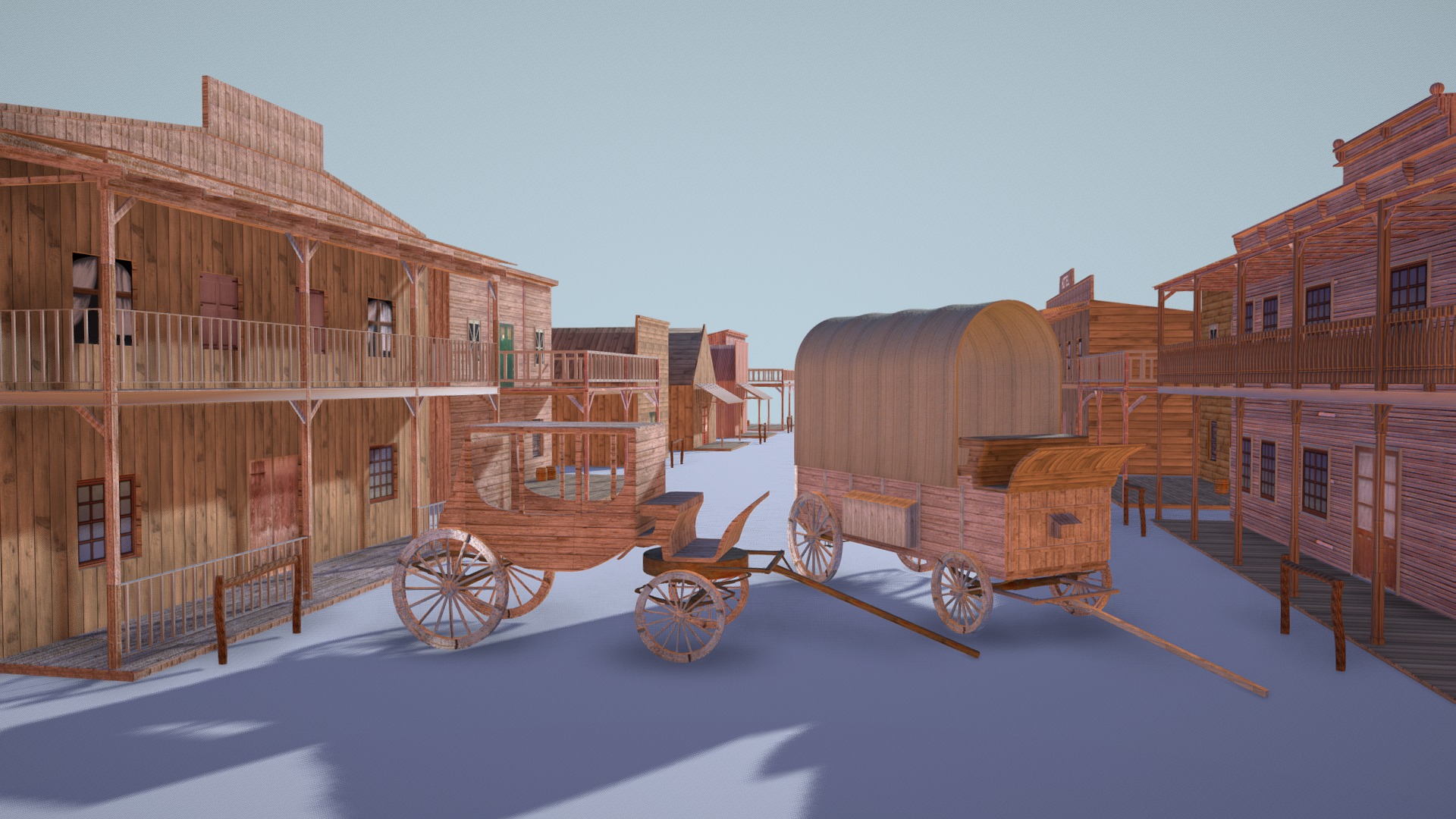 3D model Old Western Town - This is a 3D model of the Old Western Town. The 3D model is about a group of buildings with a wagon.