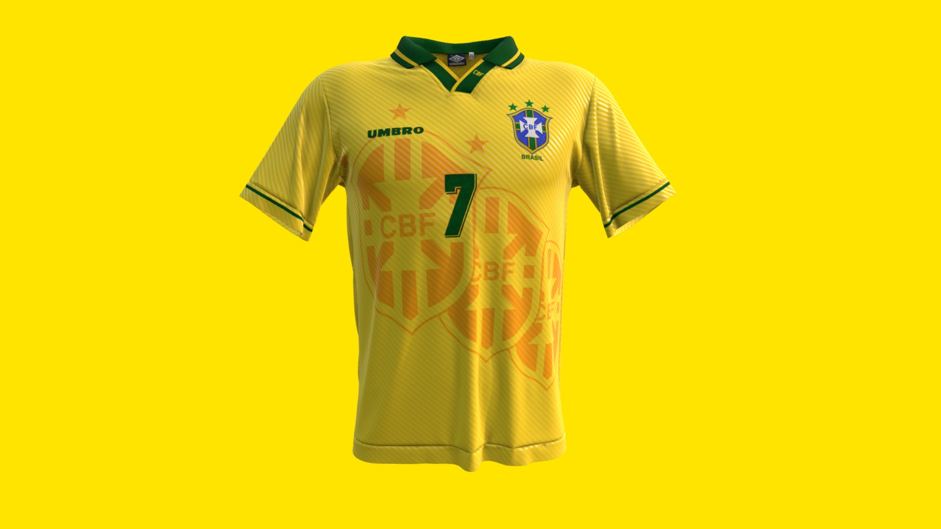 3D model Seleção Brasileira 1994 – Camisa Titular - This is a 3D model of the Seleção Brasileira 1994 - Camisa Titular. The 3D model is about a yellow and green shirt.