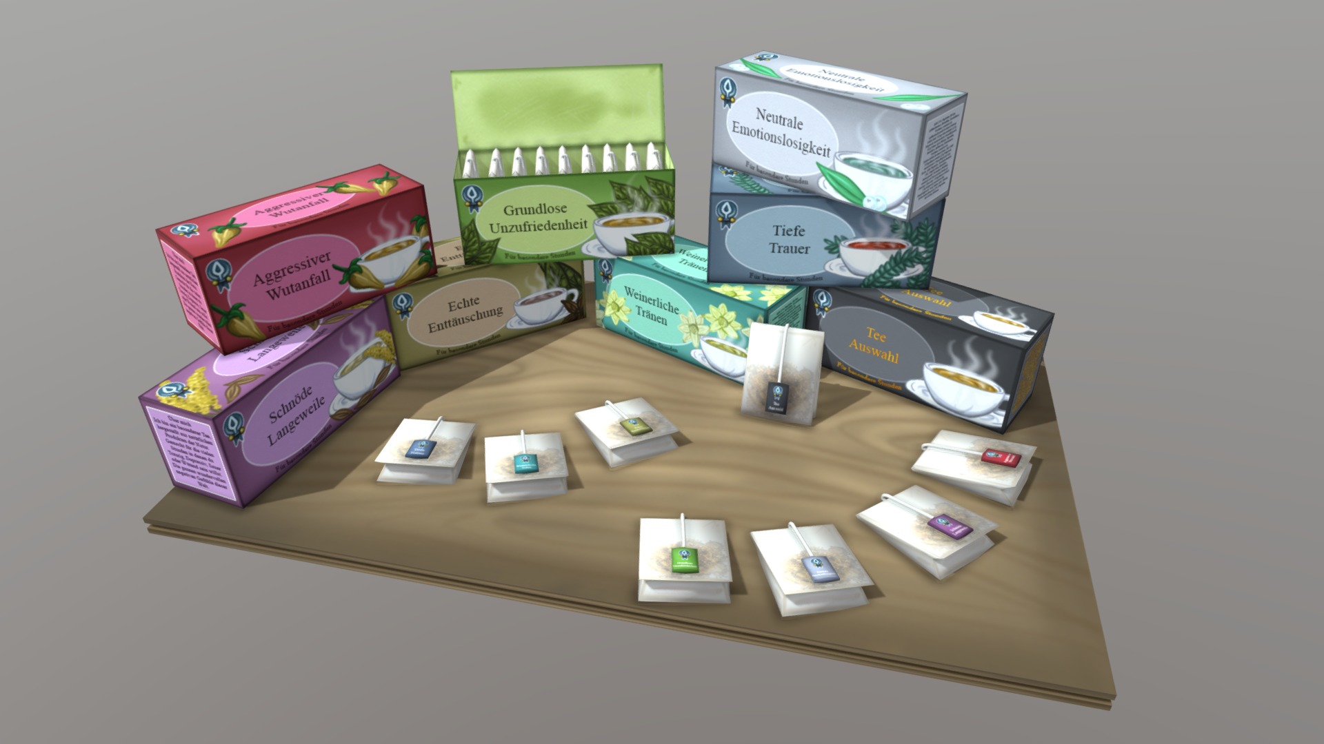 3D model Deutscher Genuss Tee –  Some necessary tea - This is a 3D model of the Deutscher Genuss Tee -  Some necessary tea. The 3D model is about a table with boxes and electronics on it.