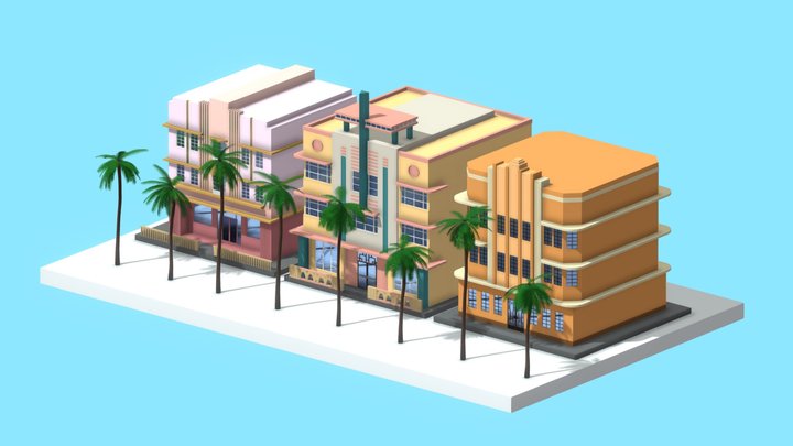 Art Deco Buildings Set Low Poly 3D Model