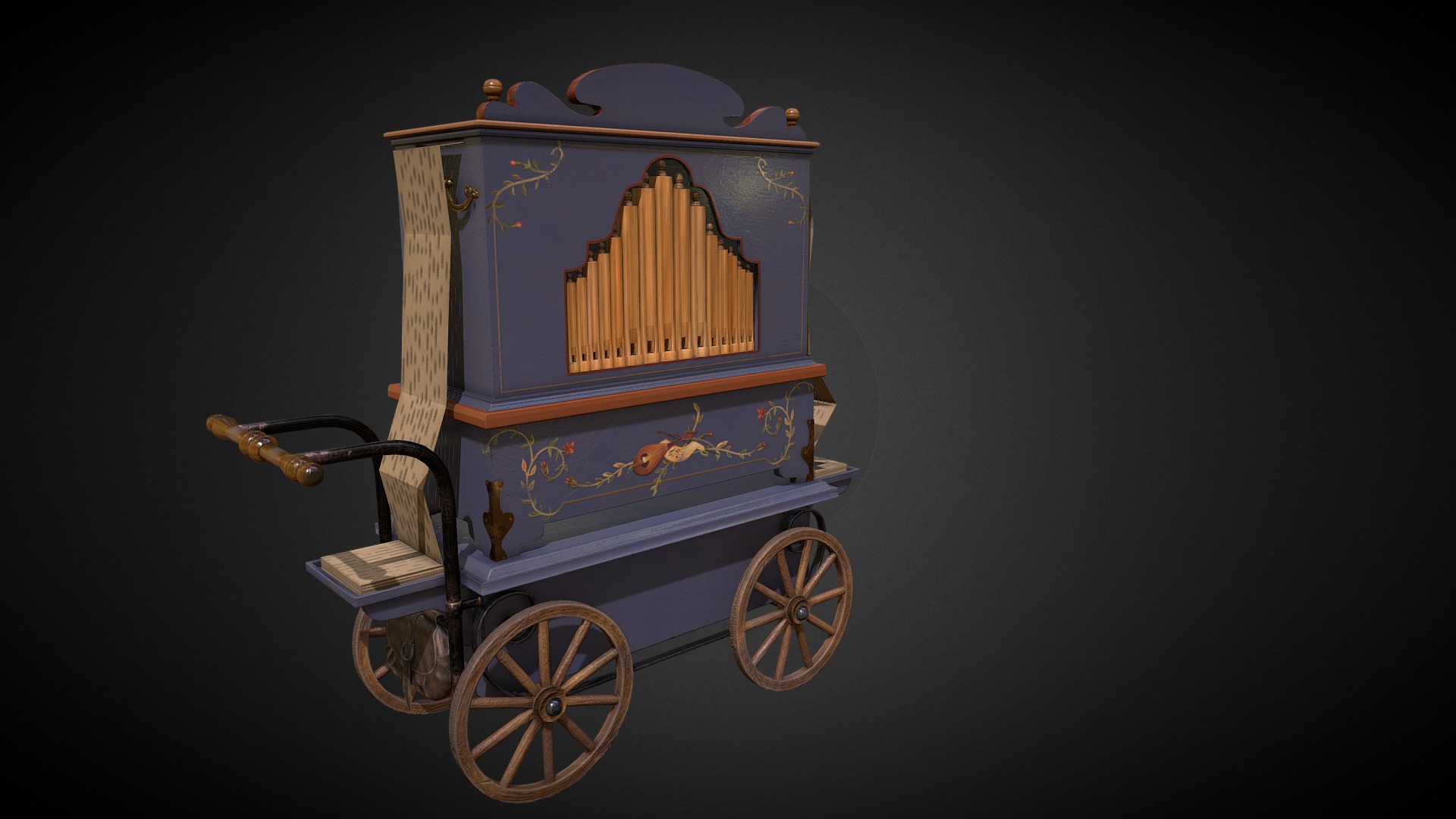 3D model Street organ - This is a 3D model of the Street organ. The 3D model is about a small blue and gold carriage.