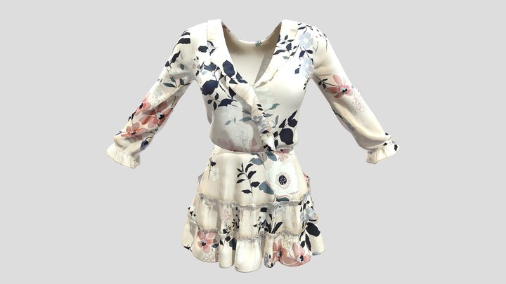 Female Floral Patchwork Ruffled Mini Dress 3D Model