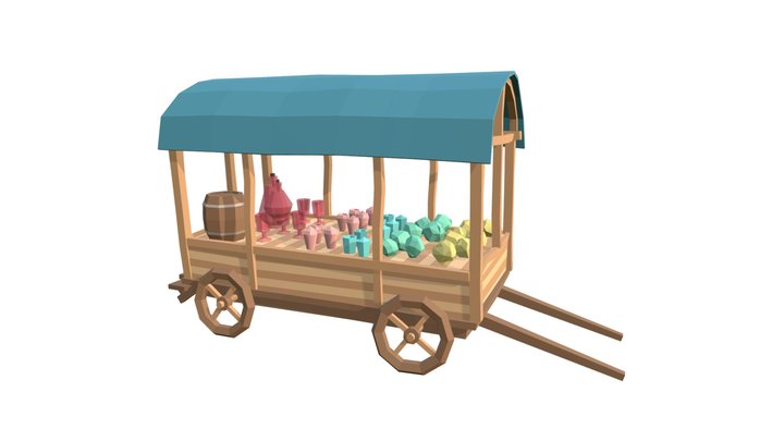 Blue Caravan with Food lowpoly 3D Model