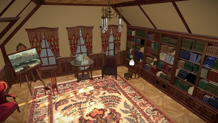 Victorian study room / library interior 3D Model