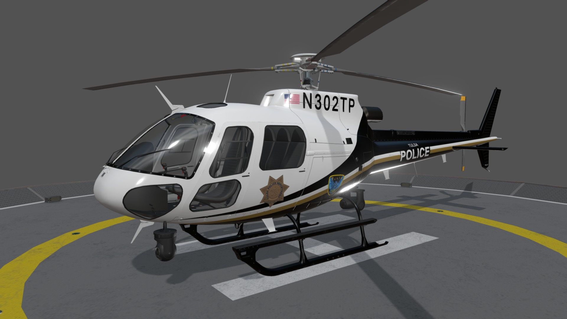 3D model AS-350 Tulsa Police  Static - This is a 3D model of the AS-350 Tulsa Police  Static. The 3D model is about a helicopter on a stand.