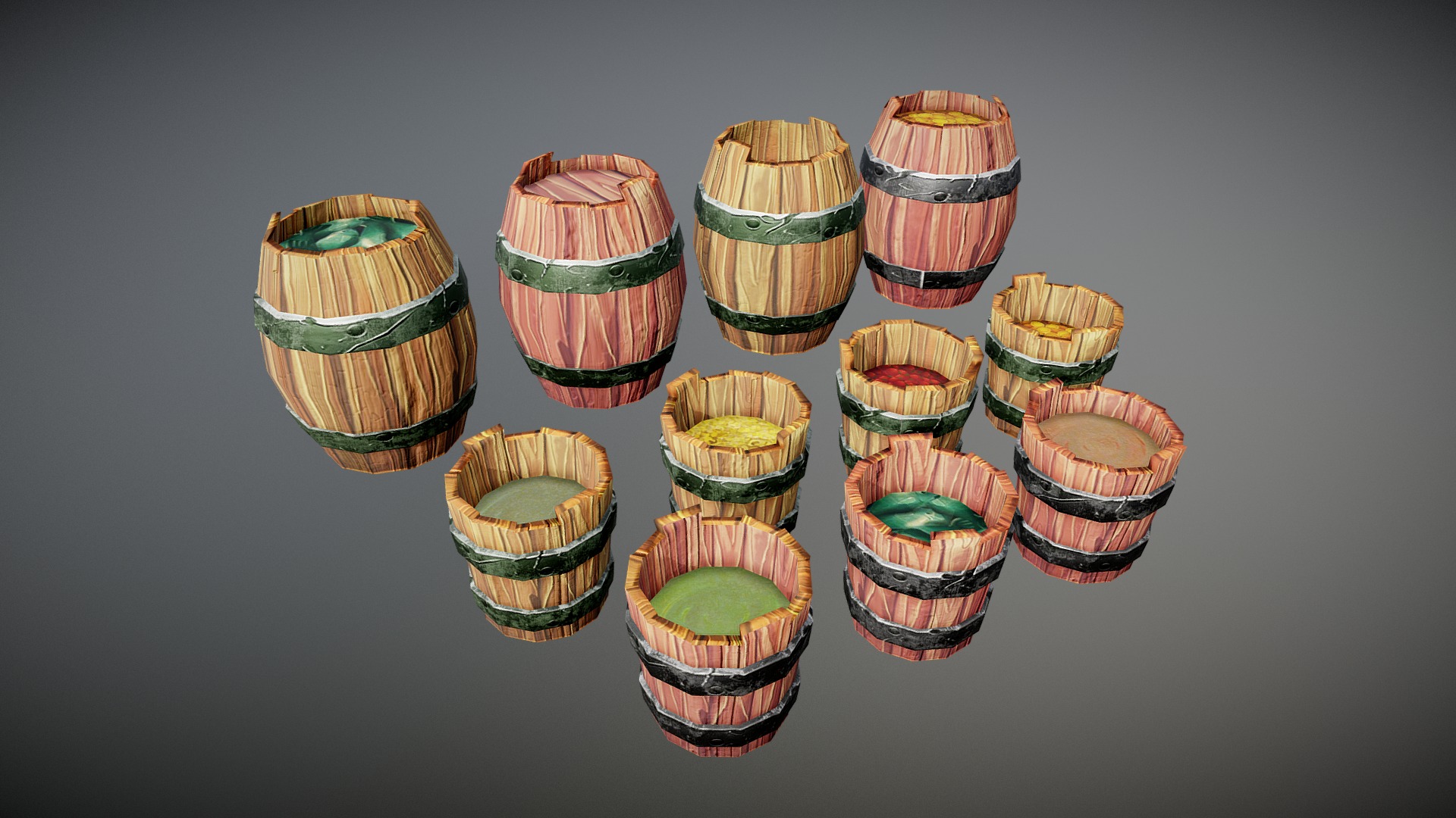 3D model Low Poly barells and buckets set - This is a 3D model of the Low Poly barells and buckets set. The 3D model is about a group of colorful baskets.