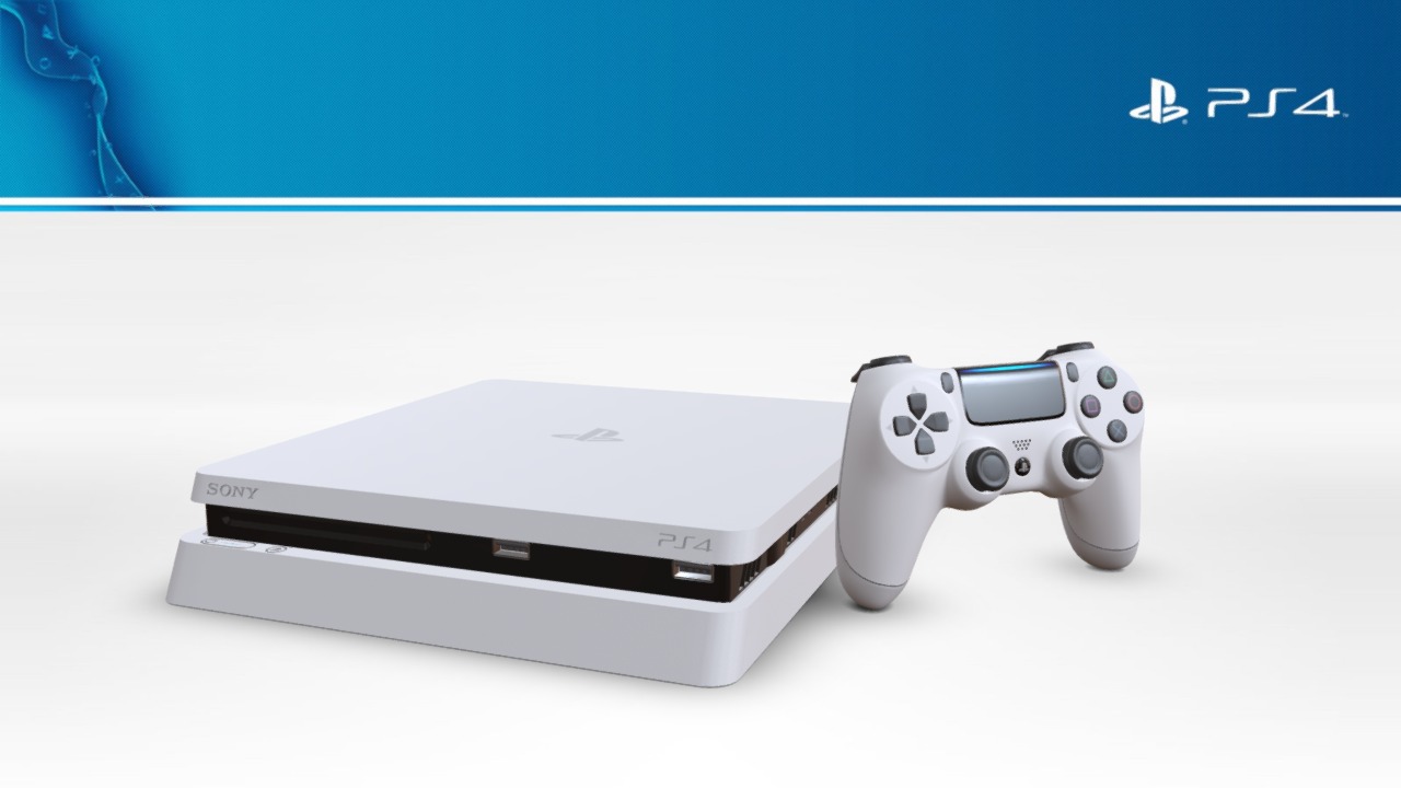 3D model Playstation 4 Slim Glacier White - This is a 3D model of the Playstation 4 Slim Glacier White. The 3D model is about a gaming console and controller.
