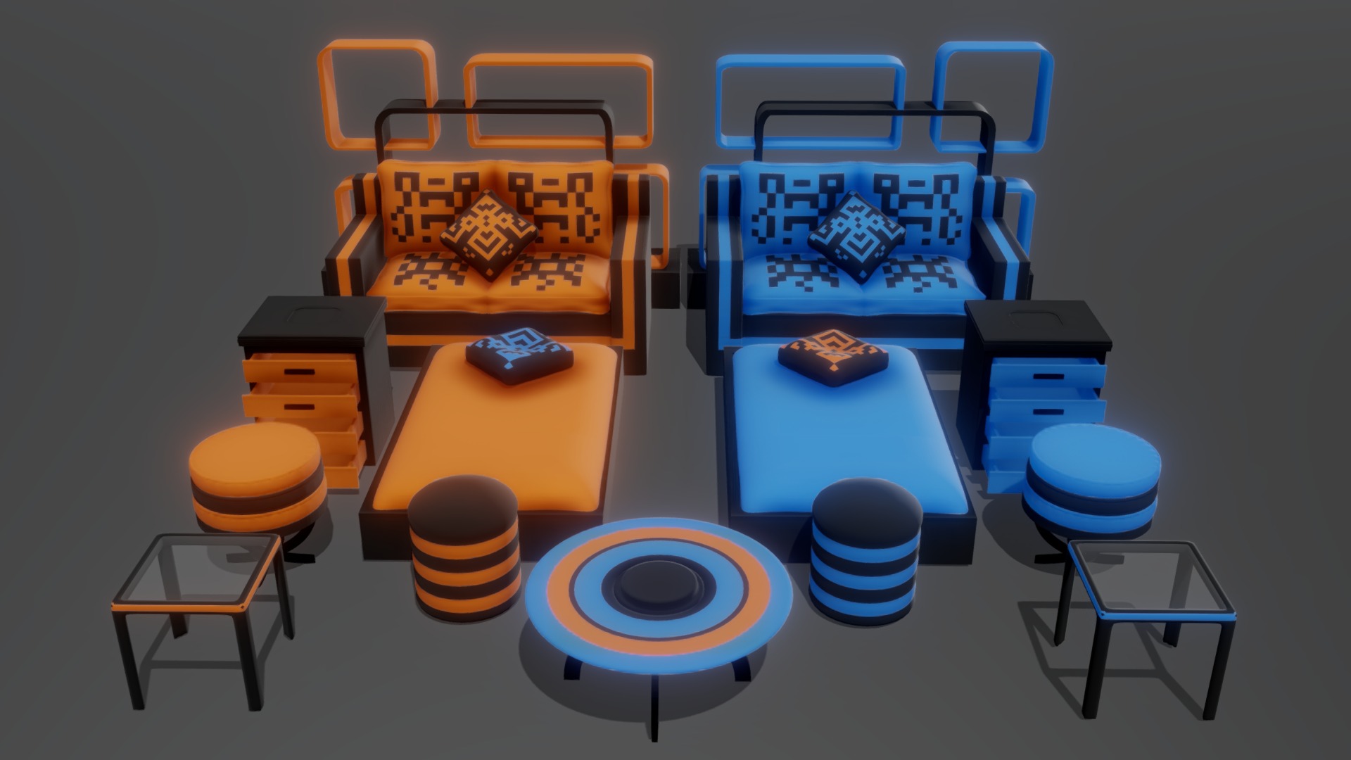 3D model Furniture Set - This is a 3D model of the Furniture Set. The 3D model is about a room with different colored chairs.