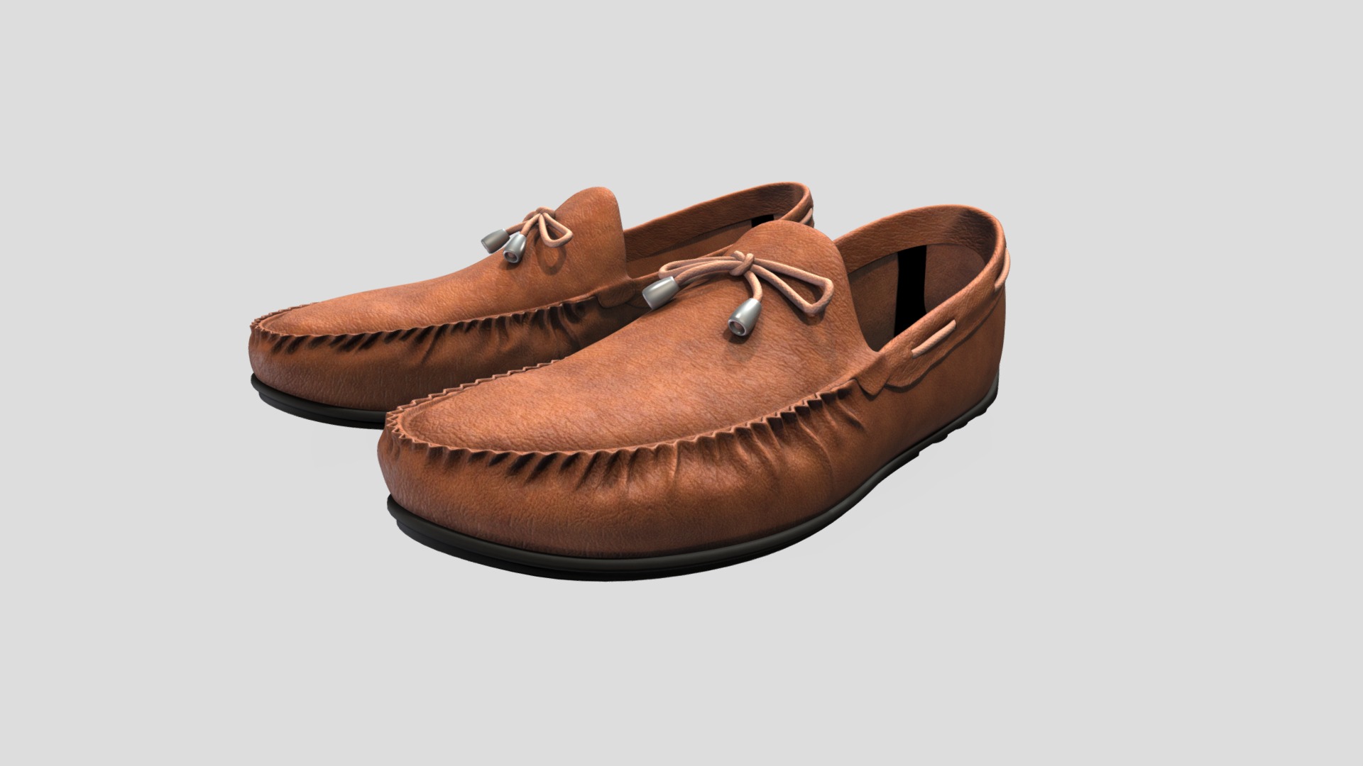 3D model Men’s Summer Brown Leather Moccasins Flat Shoes - This is a 3D model of the Men's Summer Brown Leather Moccasins Flat Shoes. The 3D model is about a pair of brown shoes.