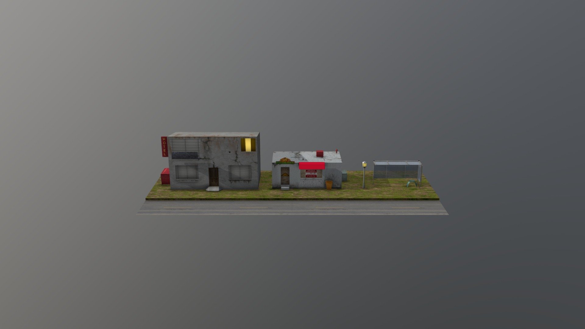 Diorama 1(Hotel - Pizza shop - Bus stop - Lamp)