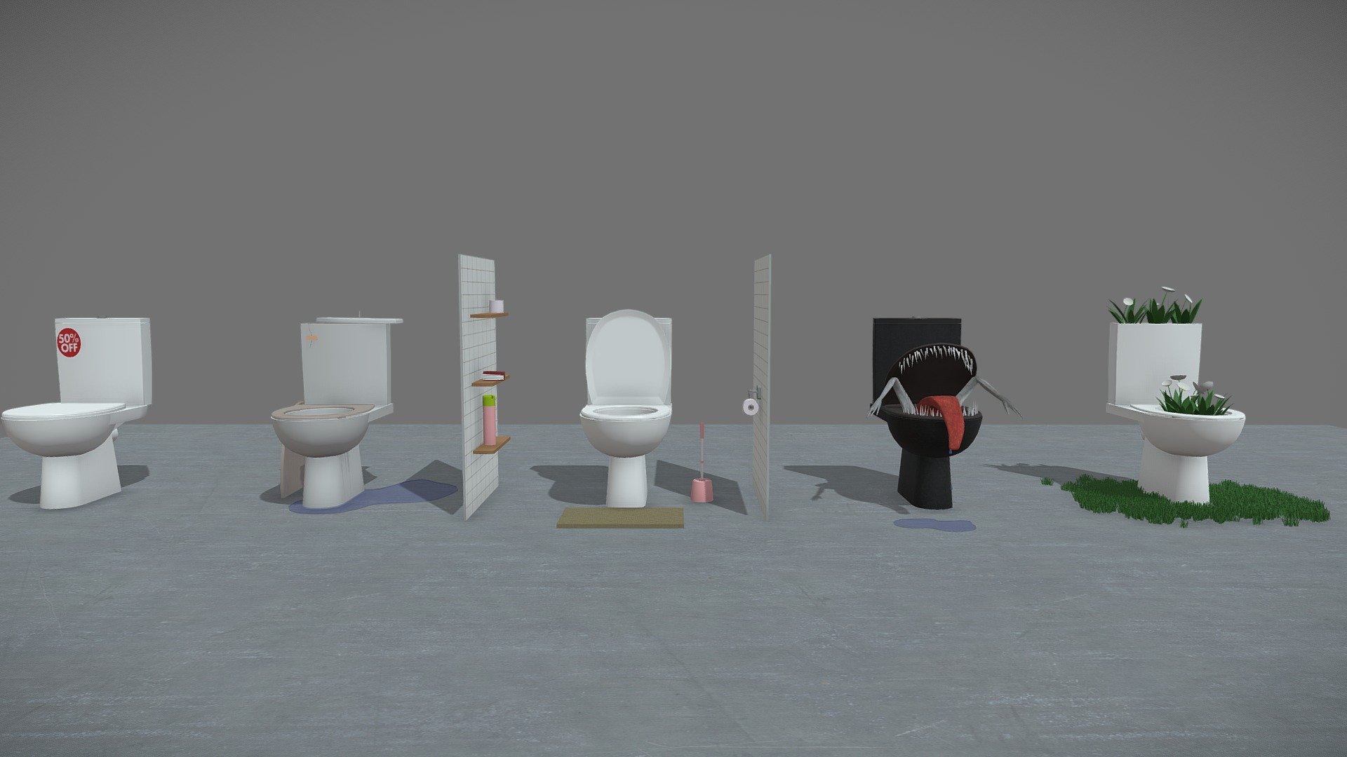 5 versions of toilets