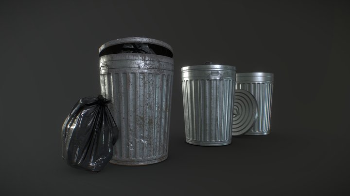 Trash Can with Garbage Bags - Low Poly 3D Model
