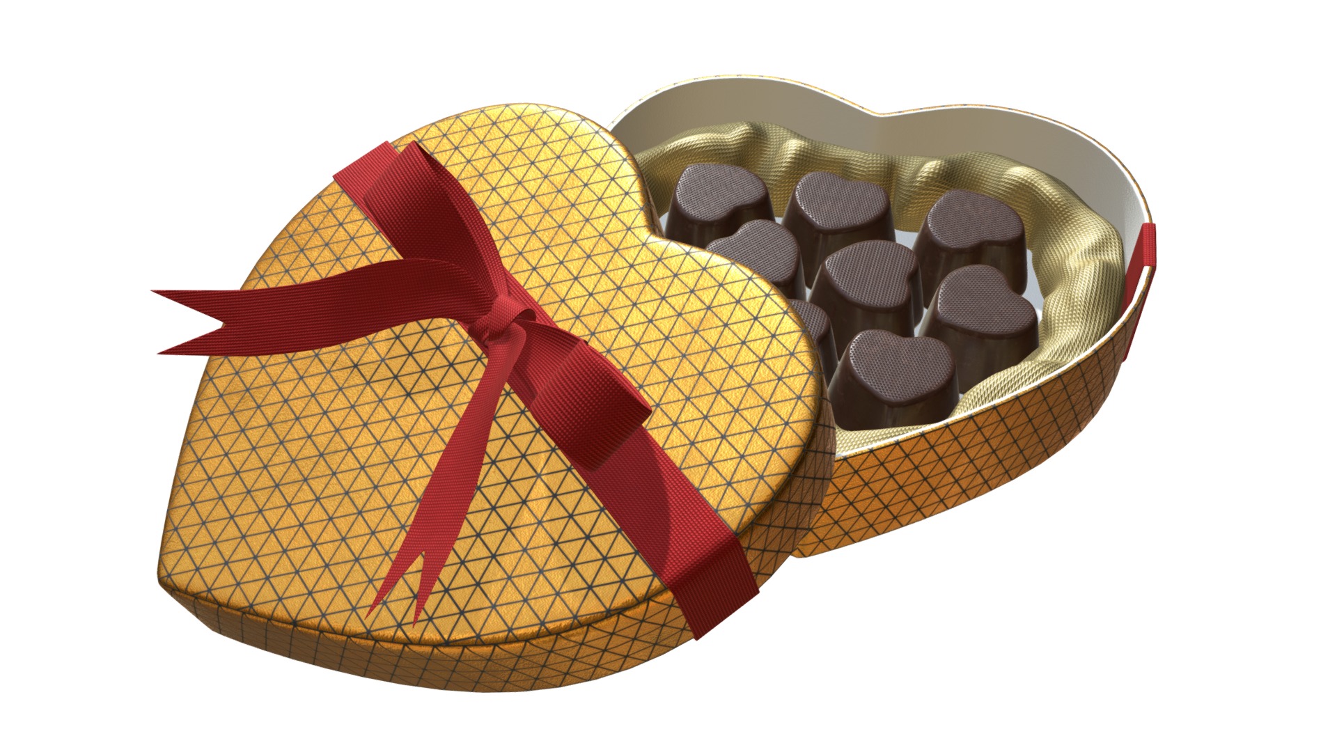 3D model Heart shaped box with chocolate and red bow - This is a 3D model of the Heart shaped box with chocolate and red bow. The 3D model is about surface chart.