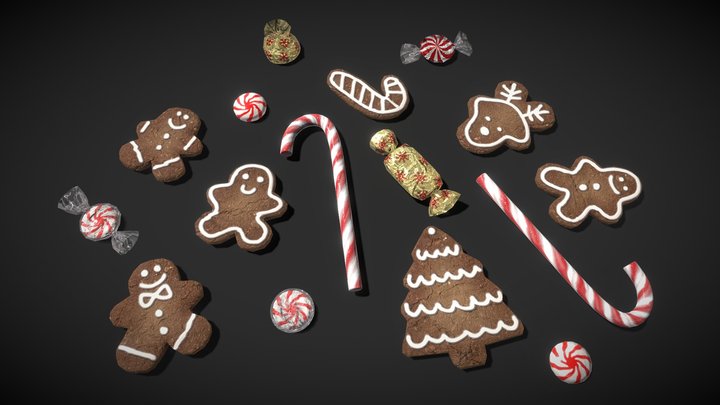 Christmas gingerbread cookies and candies - LP 3D Model