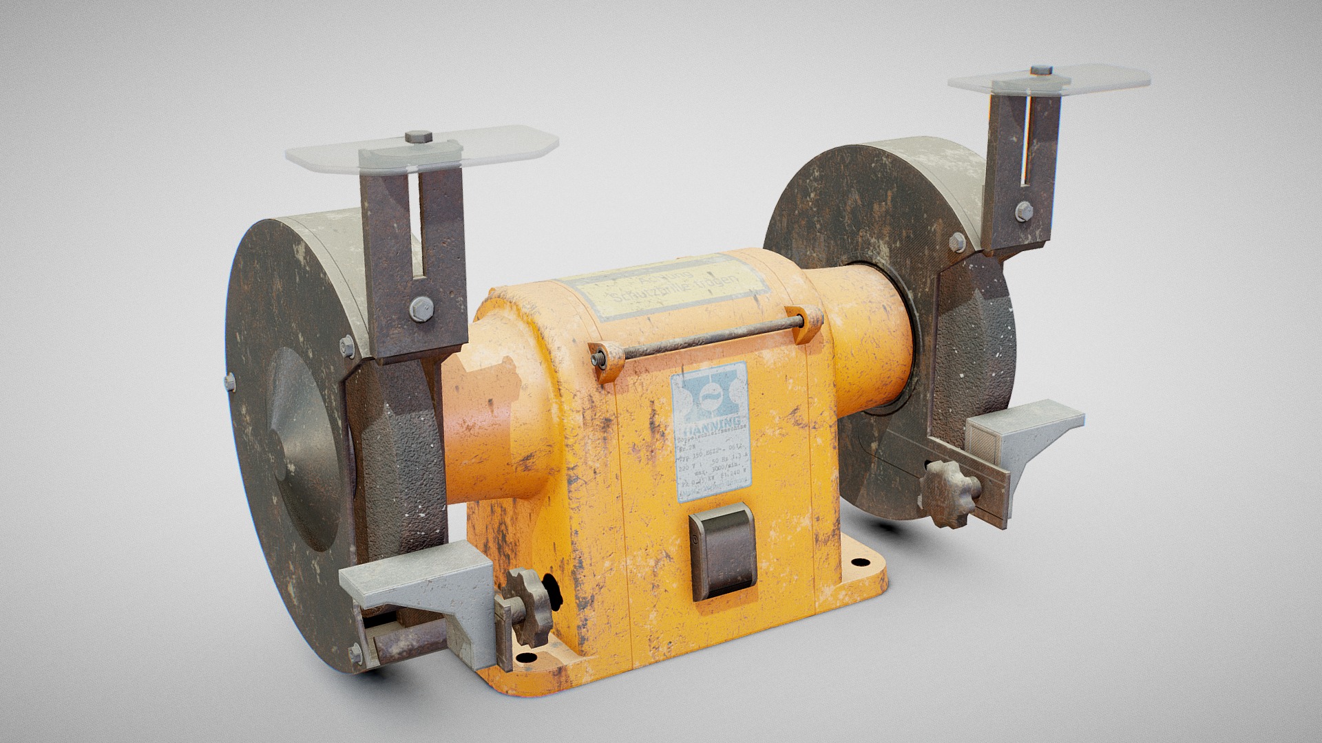 3D model Bench Grinder – Hanning E6Z2-061 (Dirty) - This is a 3D model of the Bench Grinder - Hanning E6Z2-061 (Dirty). The 3D model is about a yellow and black machine.