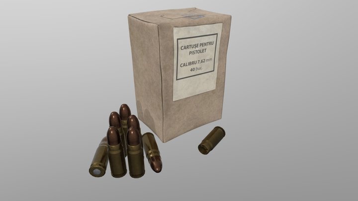 7,62x25mm P41 Handgun Cartridge And Box 3D Model