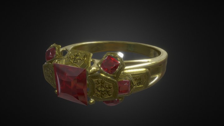 Gold Ring with ruby gemstones 3D Model