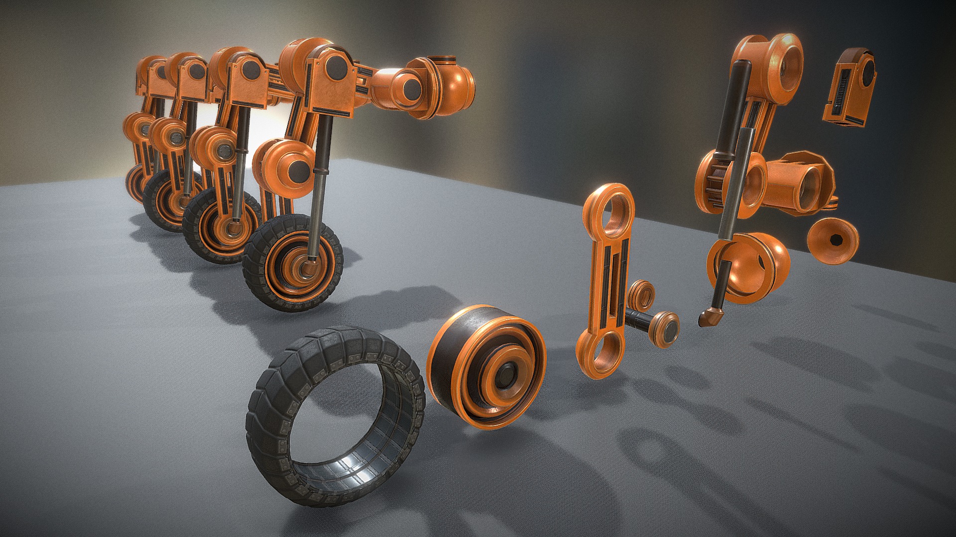 3D model Hydraulic Suspension Orange Version - This is a 3D model of the Hydraulic Suspension Orange Version. The 3D model is about a group of orange and black wheels.