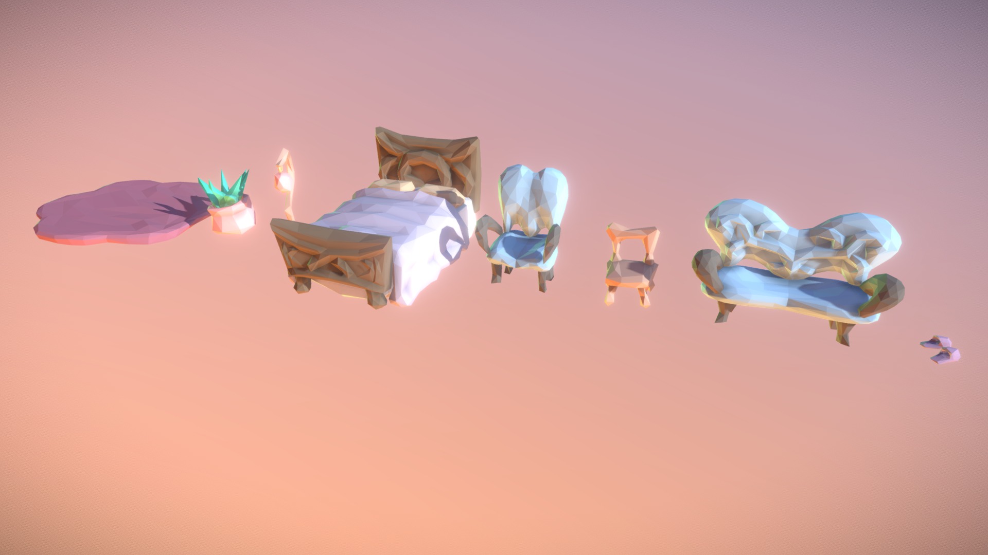 3D model Low Poly Furniture Set - This is a 3D model of the Low Poly Furniture Set. The 3D model is about a group of fish swimming in the water.