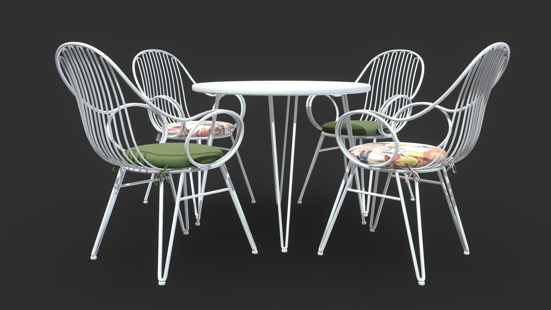 3D model Scroll Outdoor Dining Chair With Bistro Table - This is a 3D model of the Scroll Outdoor Dining Chair With Bistro Table. The 3D model is about a group of chairs around a table.