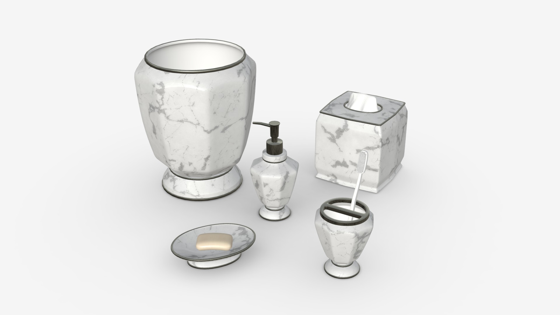 3D model Elegance Faux Marble Bath Accessories - This is a 3D model of the Elegance Faux Marble Bath Accessories. The 3D model is about a few old and broken glass jars.