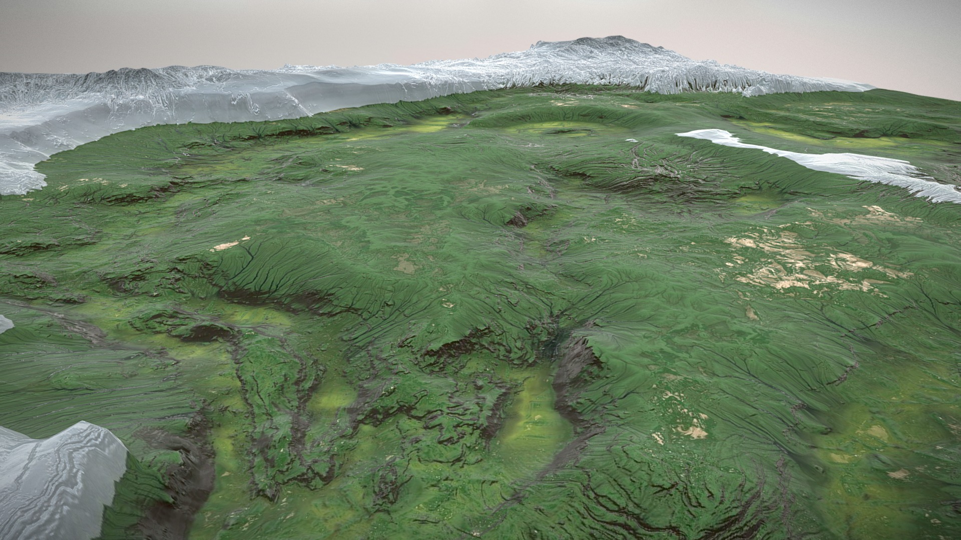 3D model terraforming - This is a 3D model of the terraforming. The 3D model is about a large body of water with green plants and a mountain in the background.