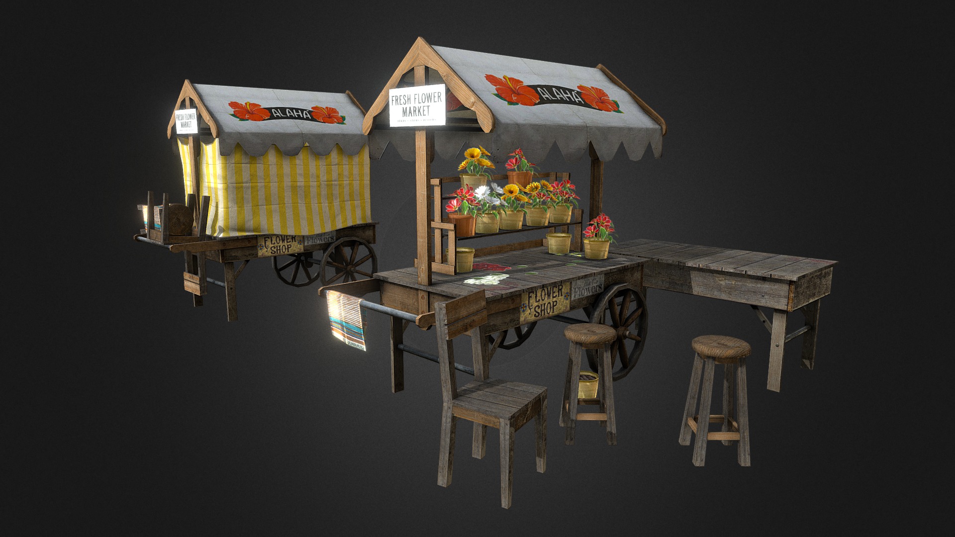 3D model Flower Cart - This is a 3D model of the Flower Cart. The 3D model is about a table with chairs and a table with objects on it.