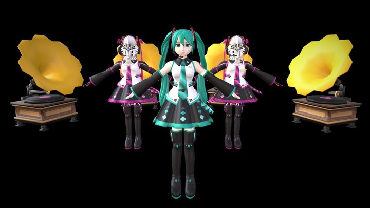 初音ミク（VOCALOID）with ジャマト（仮面ライダーギーツ）※二次創作　＆ローポリ蓄音器 3D Model