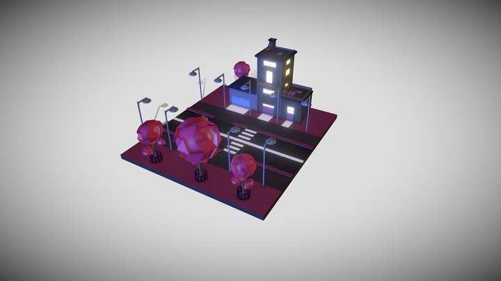 Low poly night city scene. 3D Model