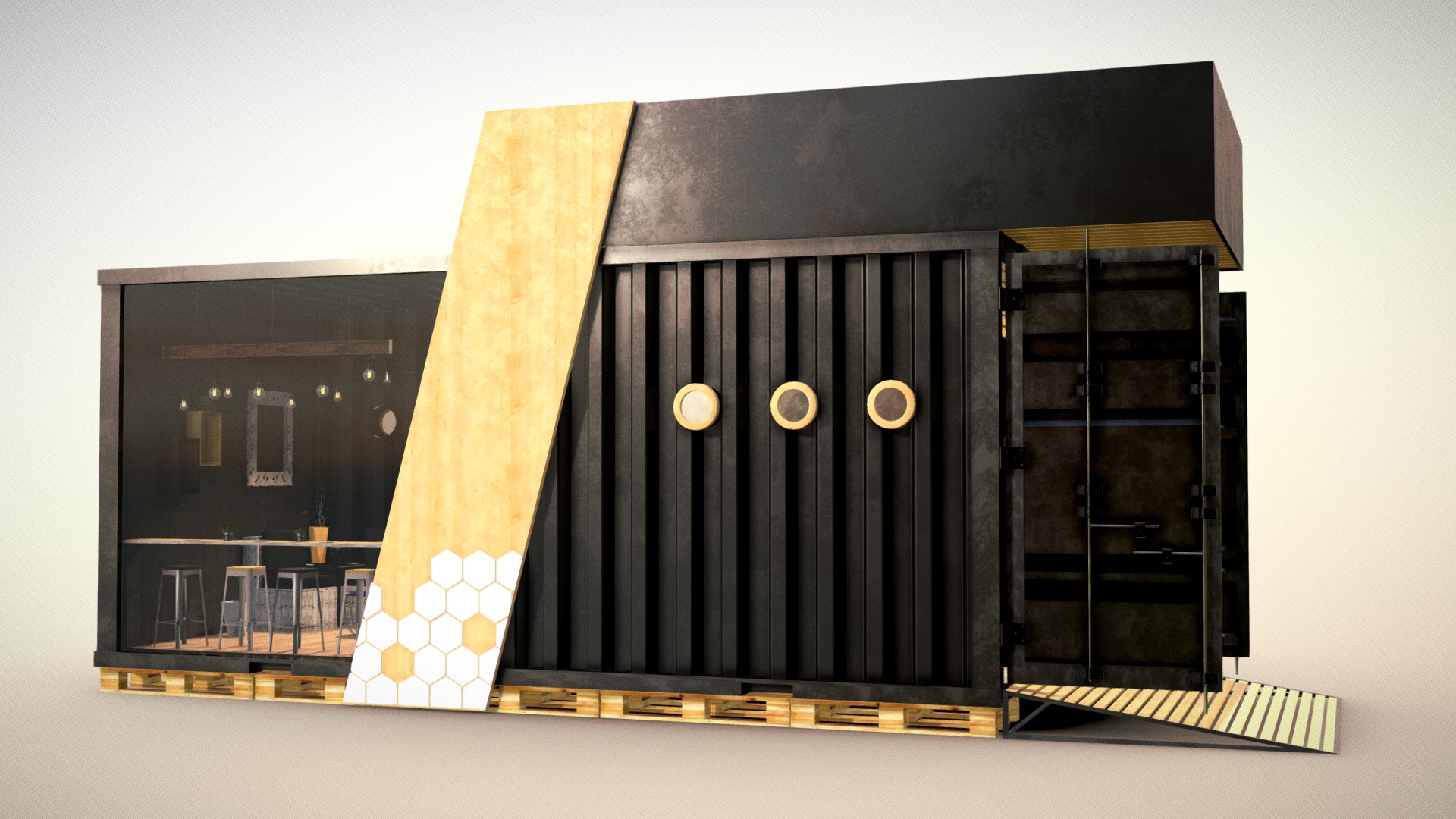 3D model container industrial interior concept cargo - This is a 3D model of the container industrial interior concept cargo. The 3D model is about a black and gold house.