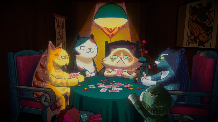Cats playing poker 3D Model