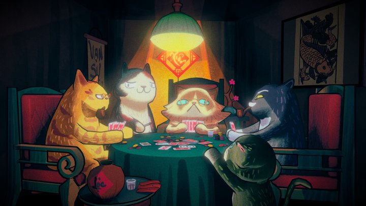 Cats playing poker 3D Model