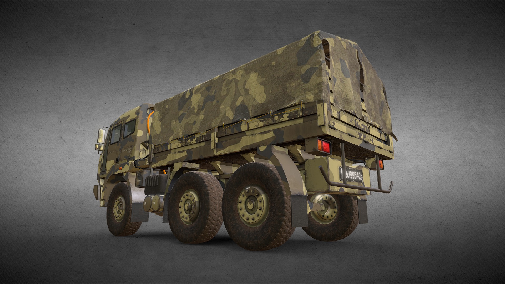 3D model 6×6 Military Truck Variation 1 + Tarpaulin - This is a 3D model of the 6x6 Military Truck Variation 1 + Tarpaulin. The 3D model is about a military vehicle on a grey surface.
