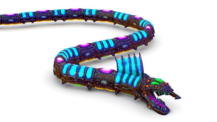 Skined RIgged Fantasy Blue Neon Snake Worm 3D Model