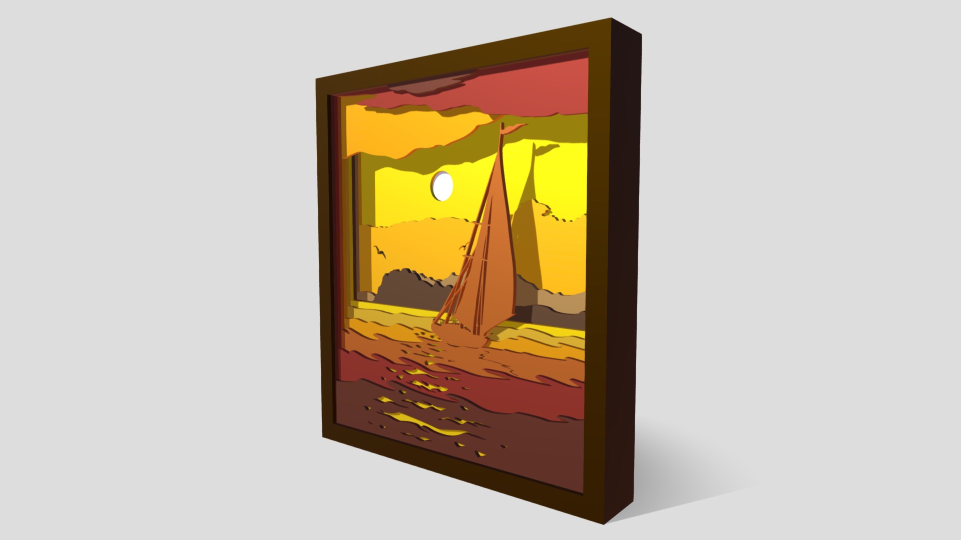 3D model Ship at sea - This is a 3D model of the Ship at sea. The 3D model is about a framed painting of a yellow sun.