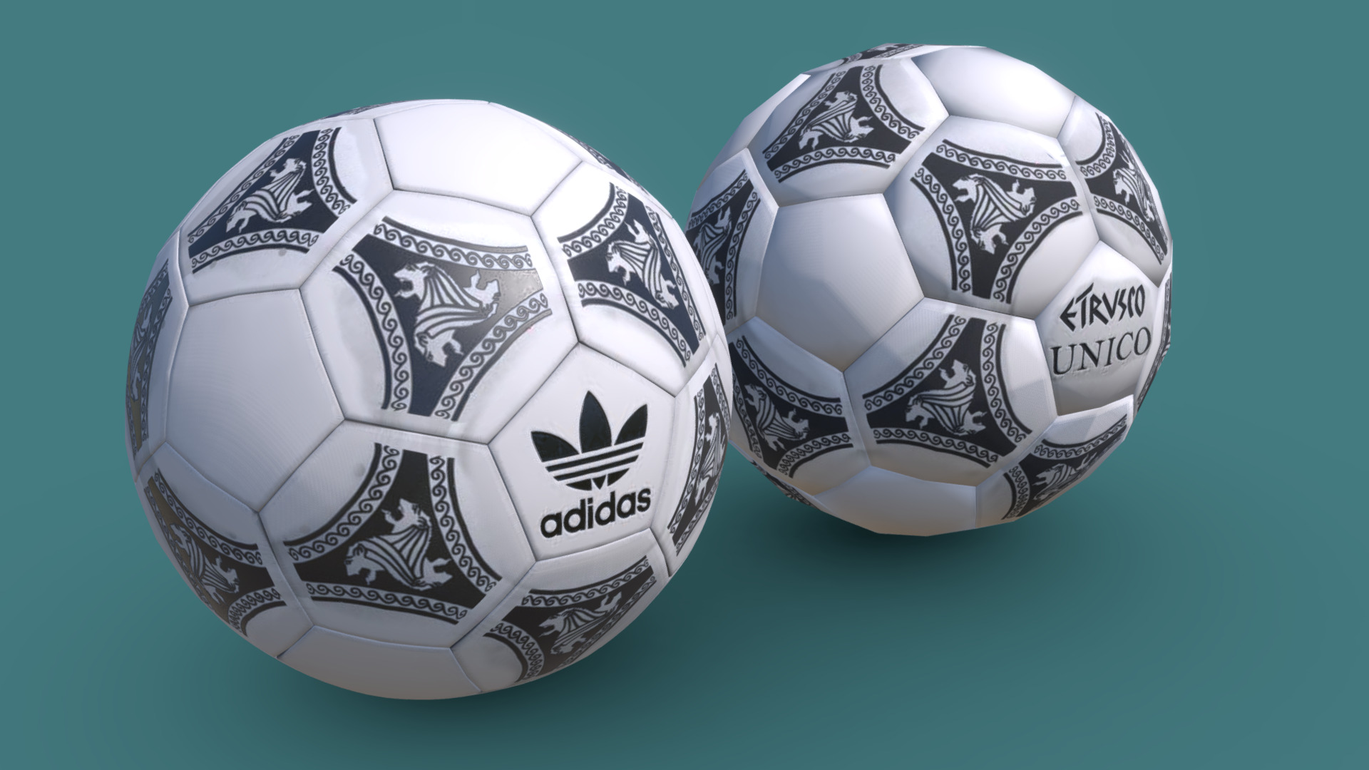 3D model 1990 Italia World Cup Etrusco Unico Ball - This is a 3D model of the 1990 Italia World Cup Etrusco Unico Ball. The 3D model is about a pair of football balls.