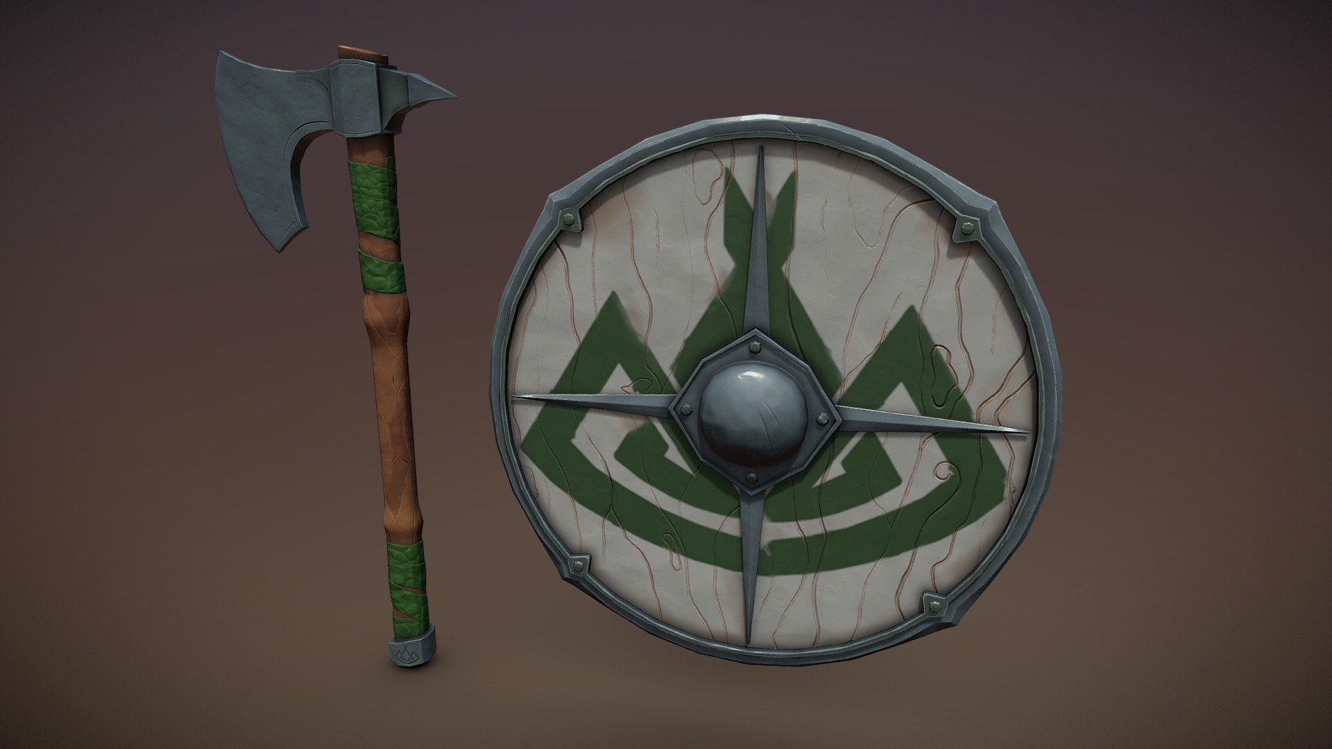 Stylized Dwarven Axe and Shield 3D model by Kris Reed (kschramreed