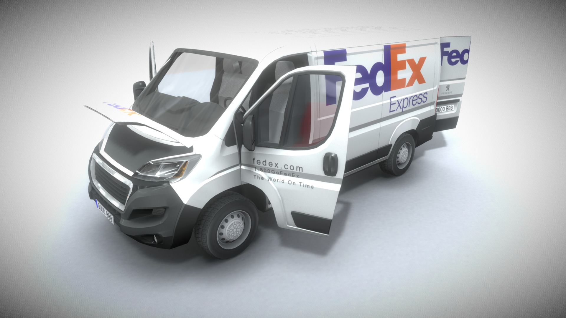 3D model Peugeot Boxer Fedex - This is a 3D model of the Peugeot Boxer Fedex. The 3D model is about a white truck with a blue and red logo.
