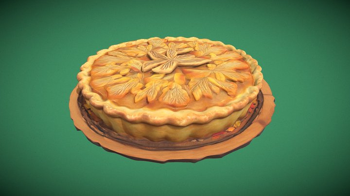 autumn pie in a carved wood platter 3D Model