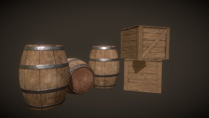 Wooden barrel and box 3D Model