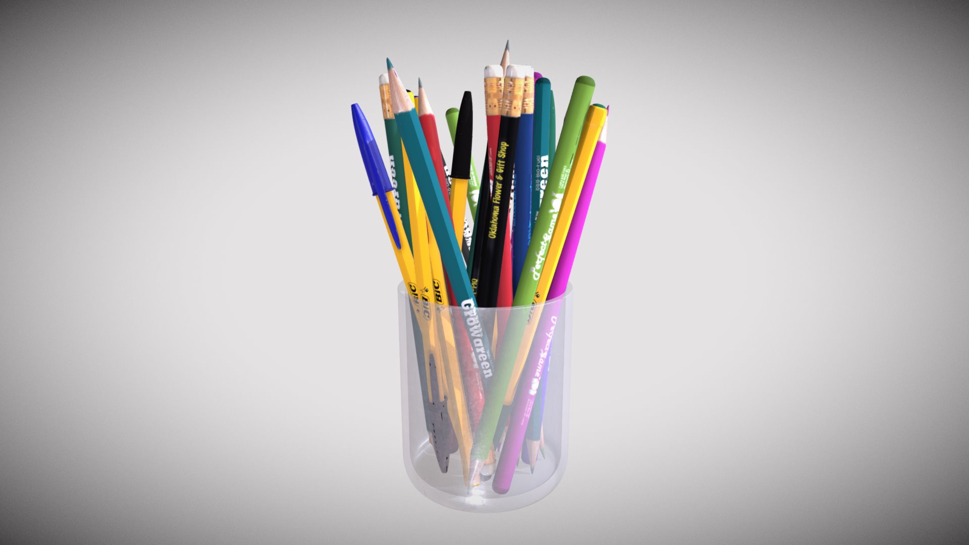 3D model Pens in the Glass _One Material - This is a 3D model of the Pens in the Glass _One Material. The 3D model is about a group of colored pencils in a glass cup.