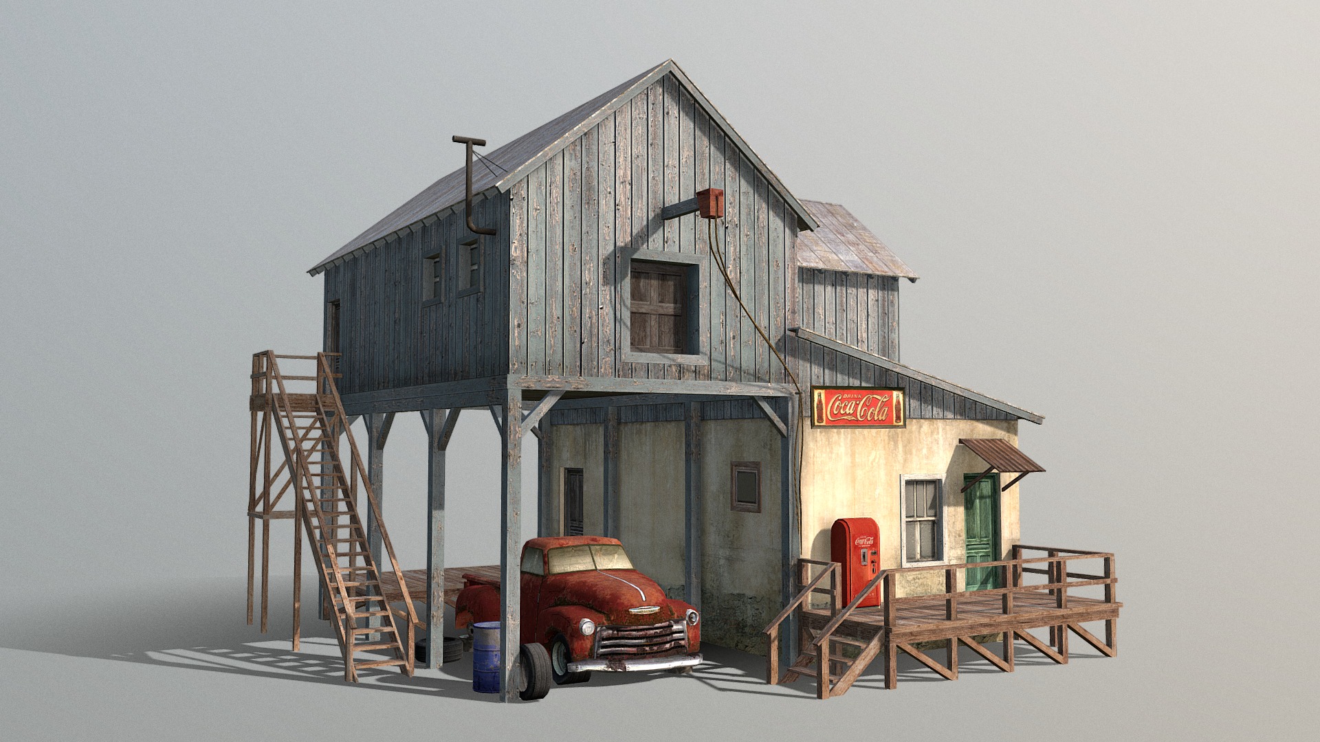 3D model Old Farm And Chevrolet - This is a 3D model of the Old Farm And Chevrolet. The 3D model is about a truck parked outside a building.