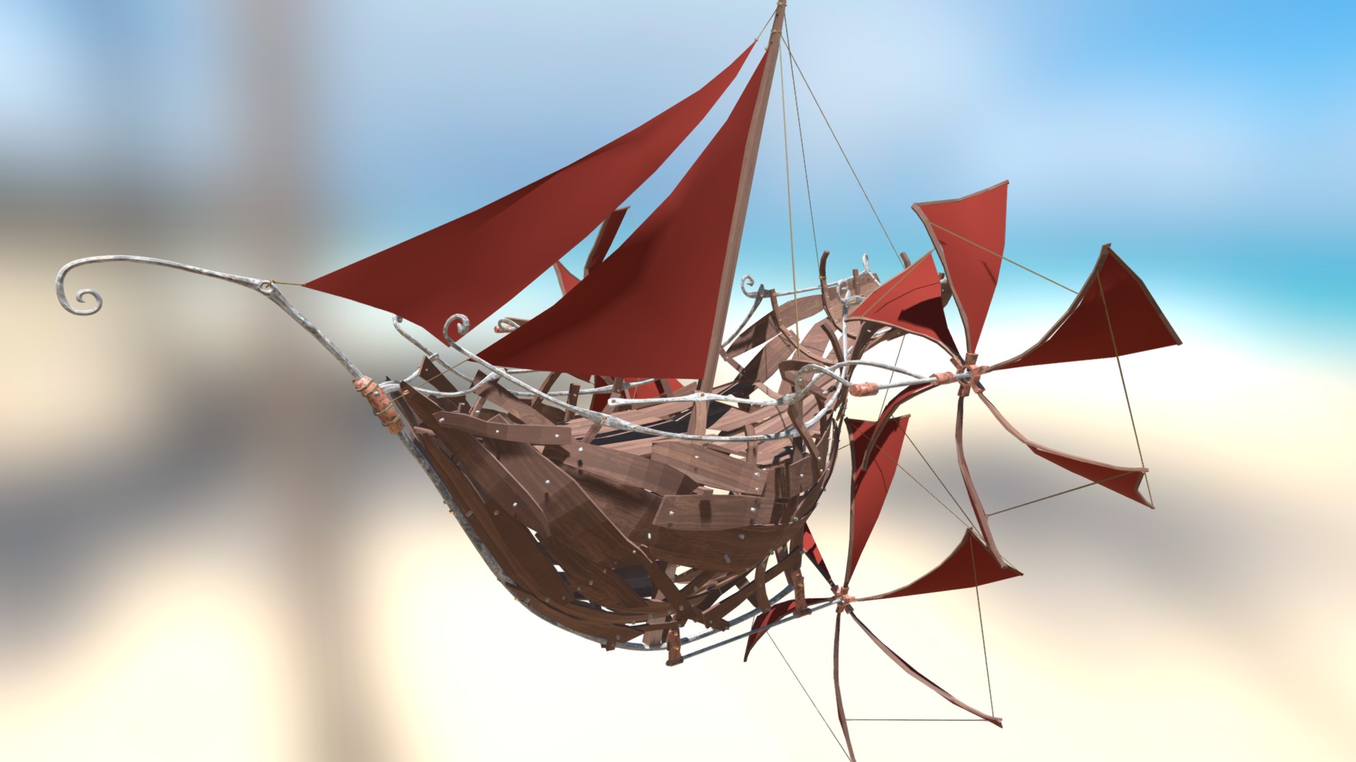3D model Steampunk Flying Ship - This is a 3D model of the Steampunk Flying Ship. The 3D model is about a boat with sails.